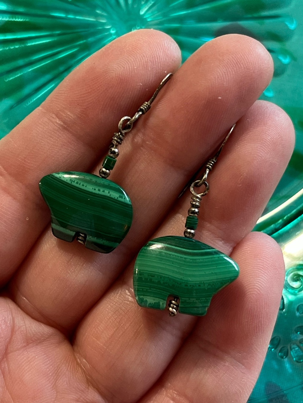 Vintage Navajo Artisan Made Sterling Silver 925 Green Malachite Bear Earrings